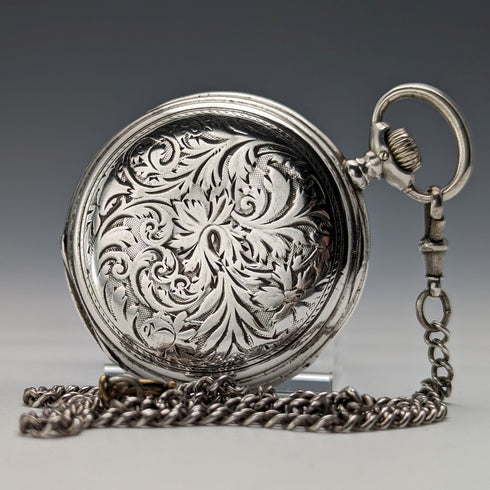 Circa 1908 Antique Longines Pocket Watch, Engraved Silver Side Hunter Case, Good Working Condition, Chain Included